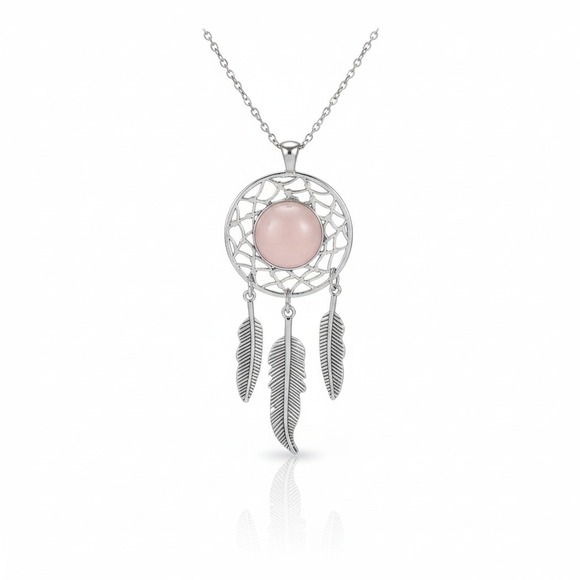 Dreamcatcher Necklace Pink Rose Quartz Pendant Silver Tone Boho Chic Jewelry - Picture 2 of 2